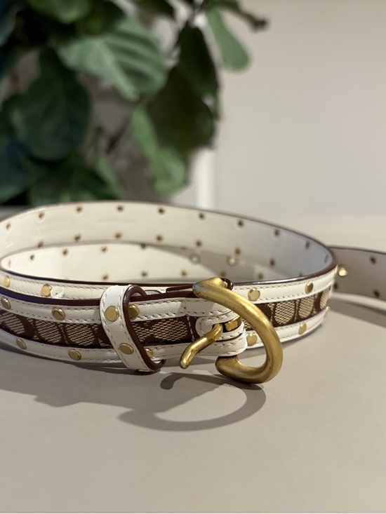 Coach Accessories - Coach White and Brown Studded Leather Belt with Gold Buckle